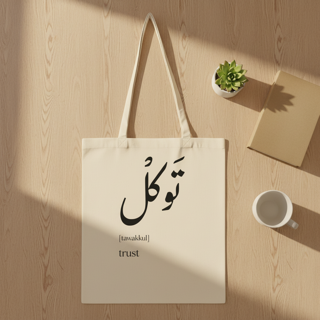 Arabic Tawakkul tote bag - flat lay lifestyle