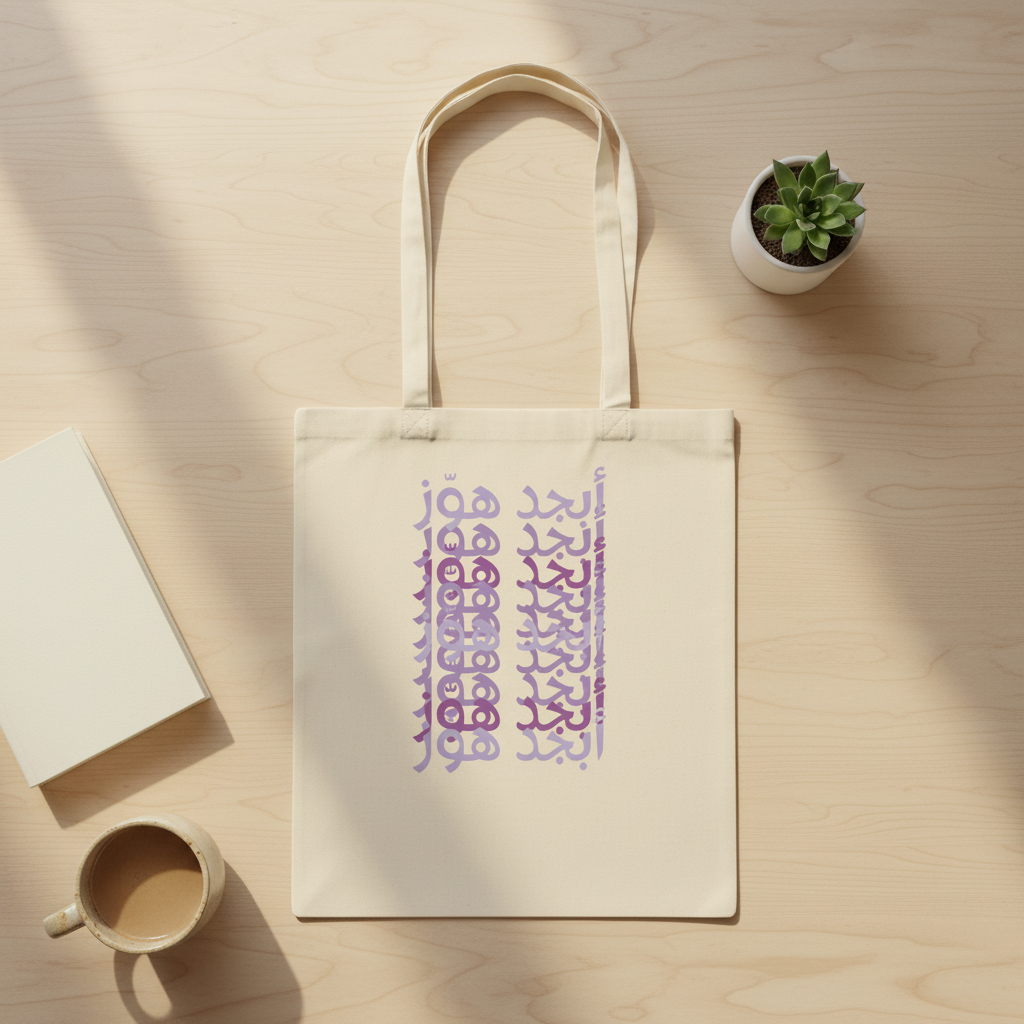 Arabic Abjad Hawaz tote bag - natural flat lay lifestyle
