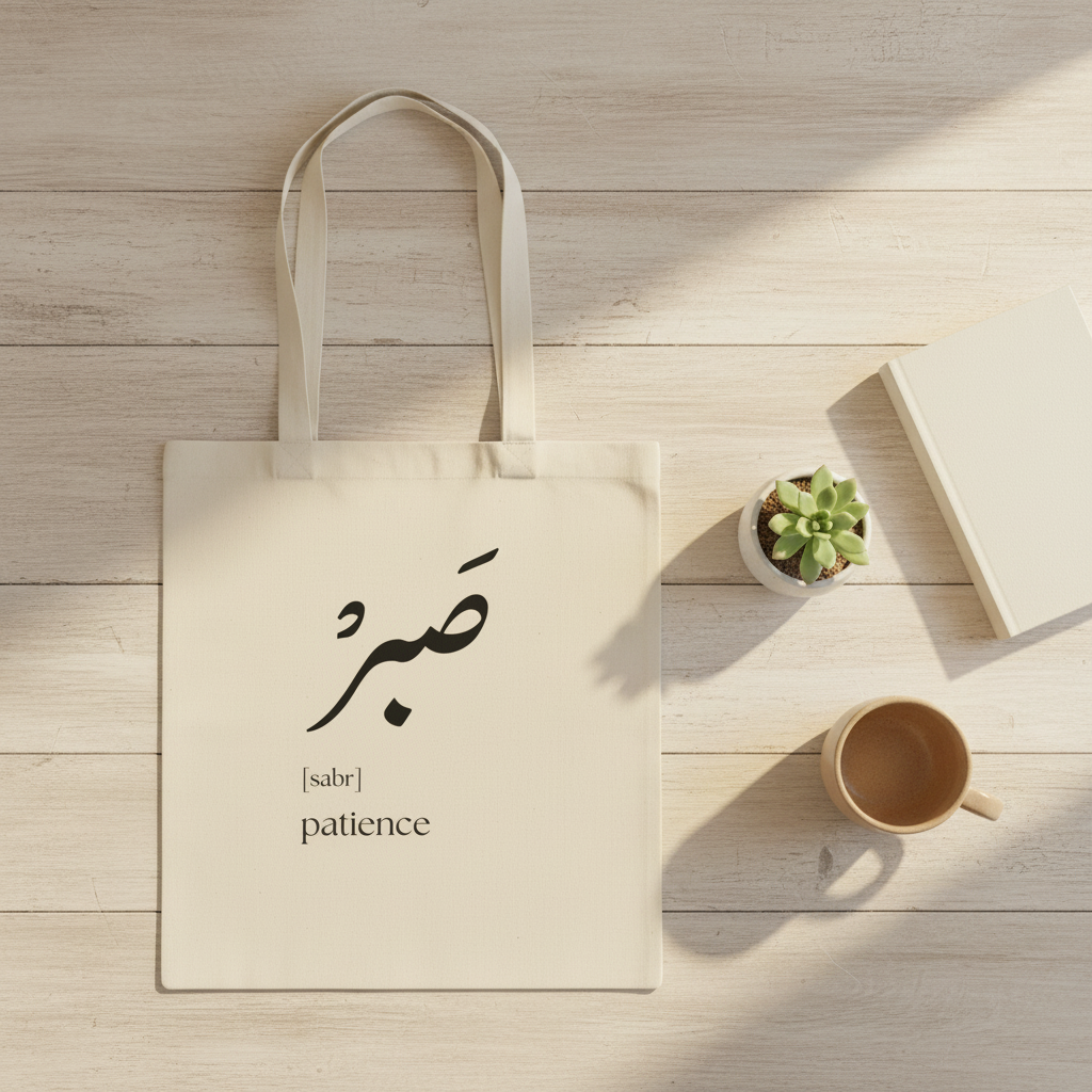 Arabic Sabr tote bag - flat lay lifestyle