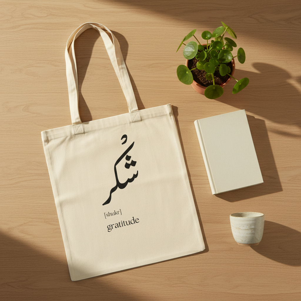Arabic Gratitude tote bag - flat lay lifestyle
