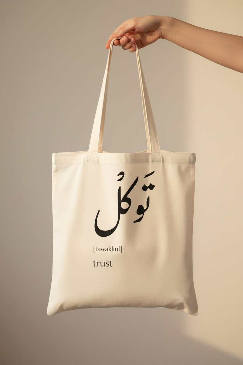 Arabic Tawakkul tote bag - hands carry lifestyle
