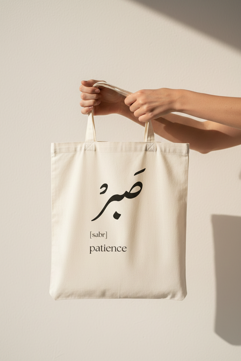 Arabic Sabr tote bag - hands carrying lifestyle