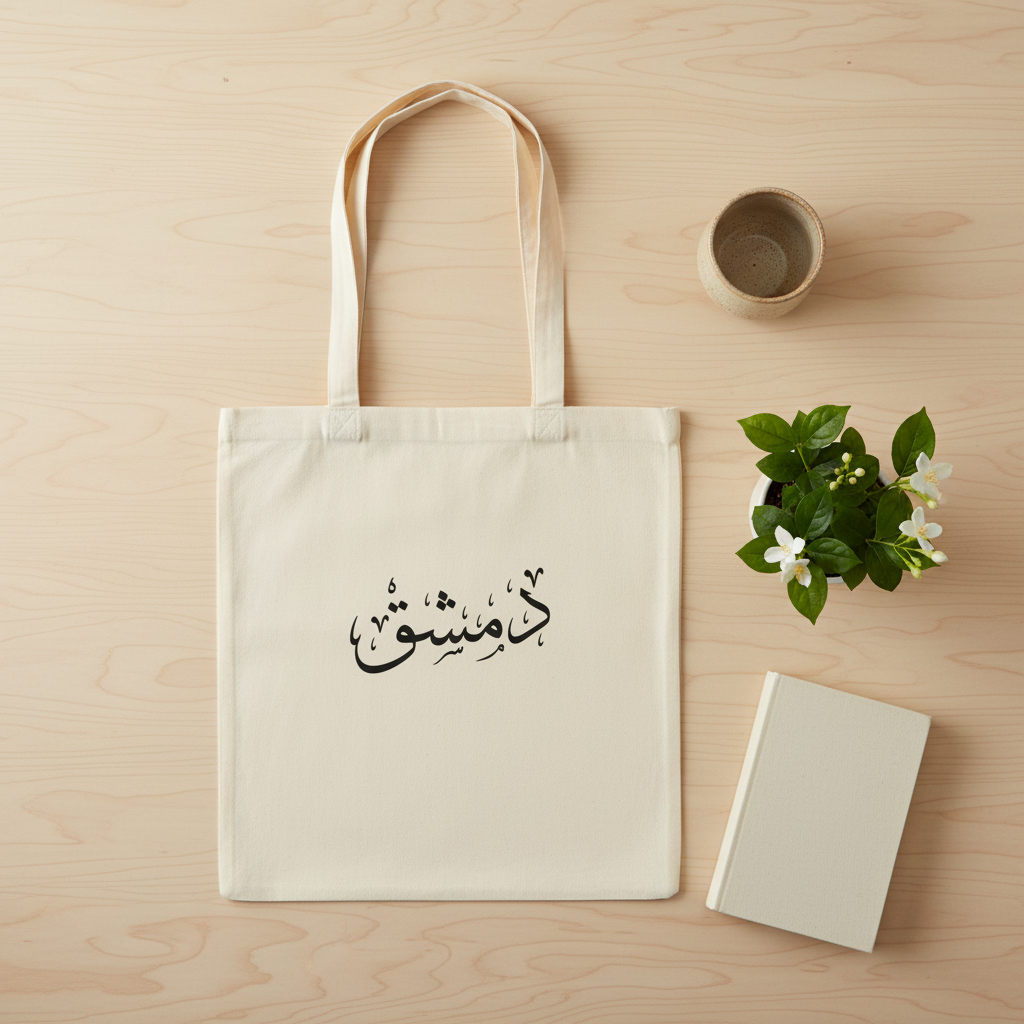 Arabic Dimashq tote bag - flat lay lifestyle