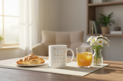 Arabic Alphabet Mug on a breakfast table with croissant, orange juice and flowers in warm morning light