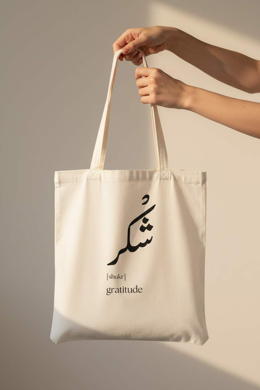 Arabic Gratitude tote bag - hands carry lifestyle