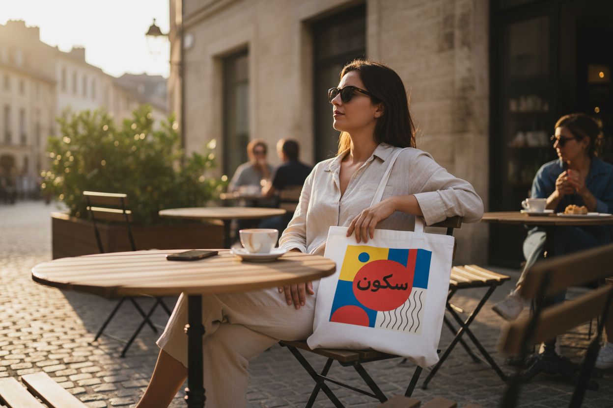 Arabic Silence Bauhaus Tote Bag at a café or outdoor terrace lifestyle scene