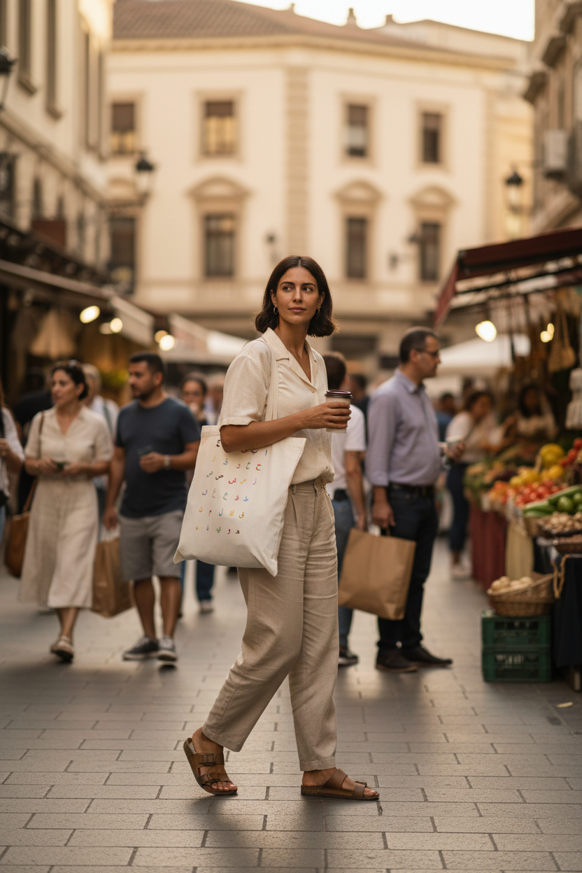 Person carrying Arabic Alphabet Tote Bag on a street or market
