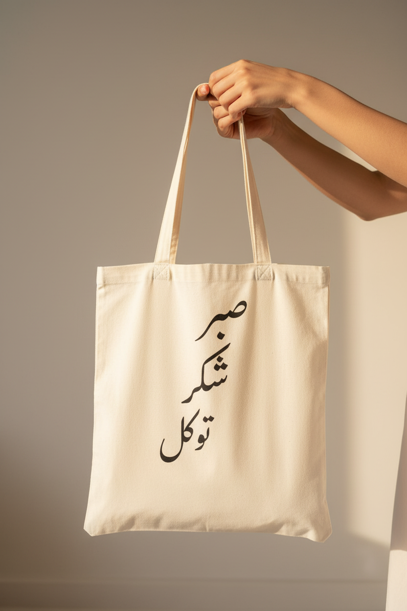Arabic Sabr Gratitude Tawakkul tote bag - hands carry lifestyle