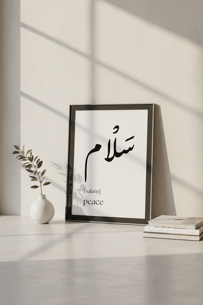 Arabic Salam Peace Poster leaning against a wall on the floor in a modern interior