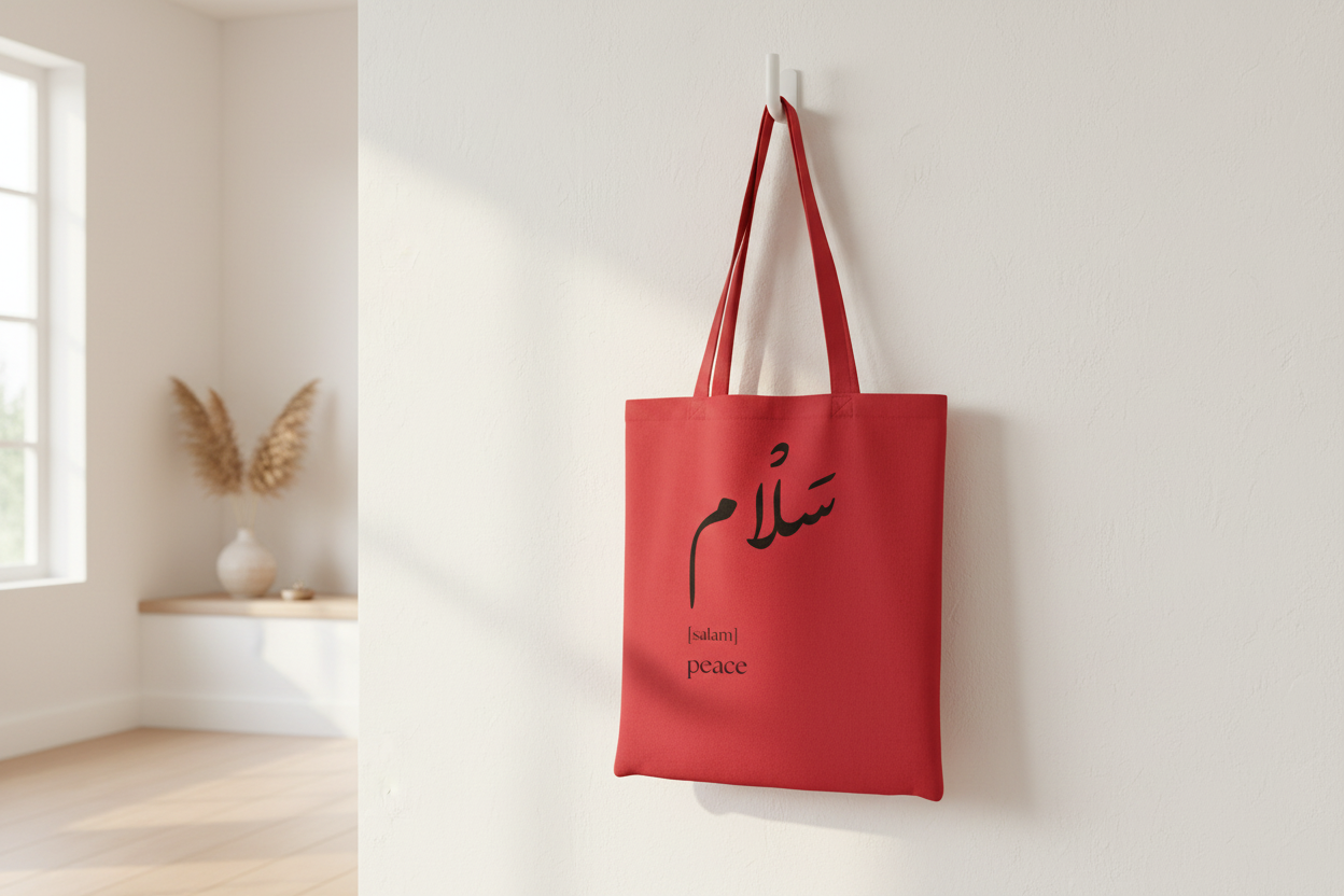 Arabic Salam tote bag - wall hook lifestyle