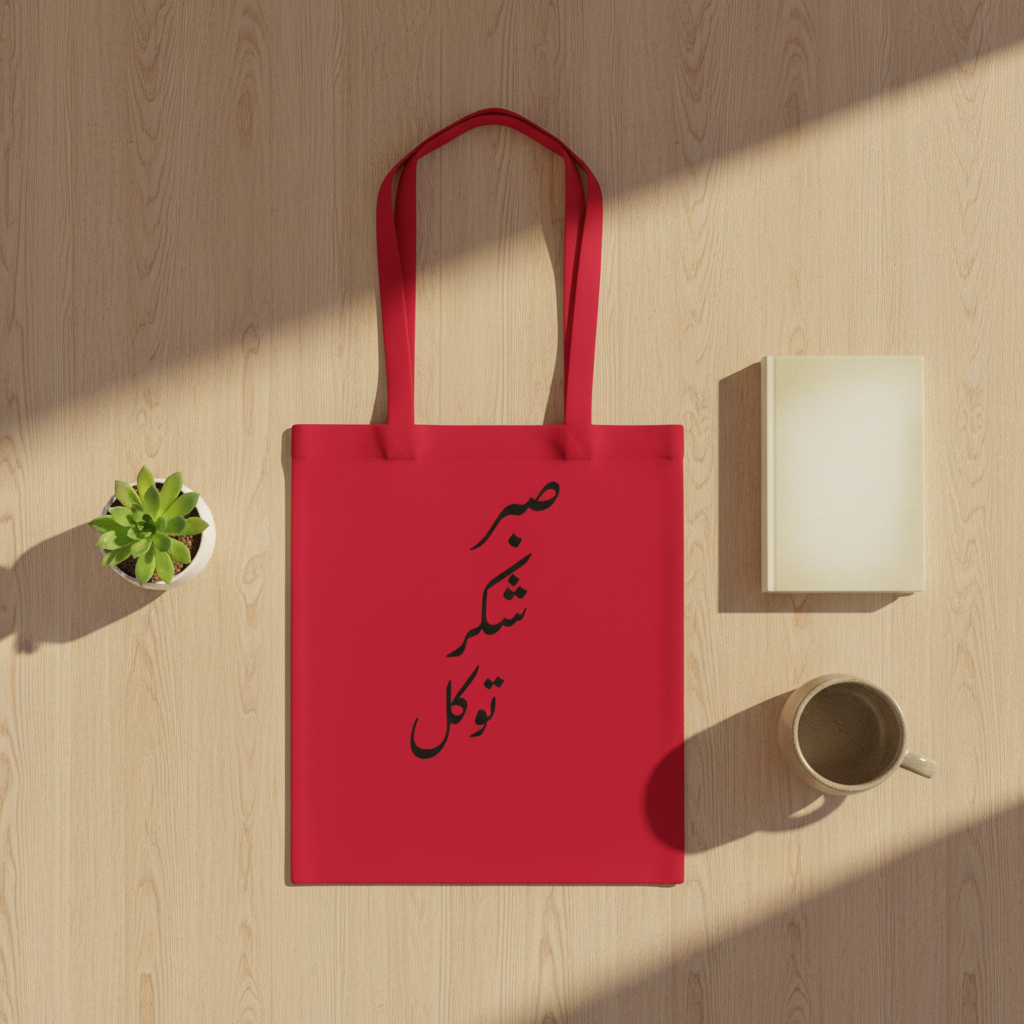 Arabic Sabr Gratitude Tawakkul tote bag - flat lay lifestyle