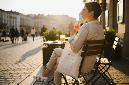 Arabic Alphabet Tote Bag at a café or outdoor terrace lifestyle scene