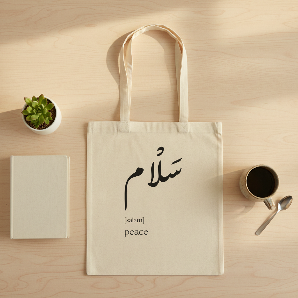 Arabic Salam tote bag - flat lay lifestyle