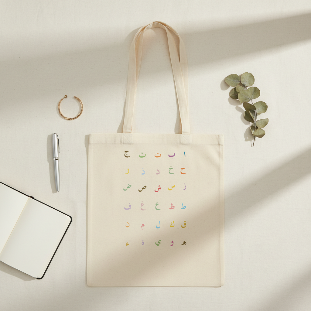 Arabic Alphabet Tote Bag flat lay on clean light background