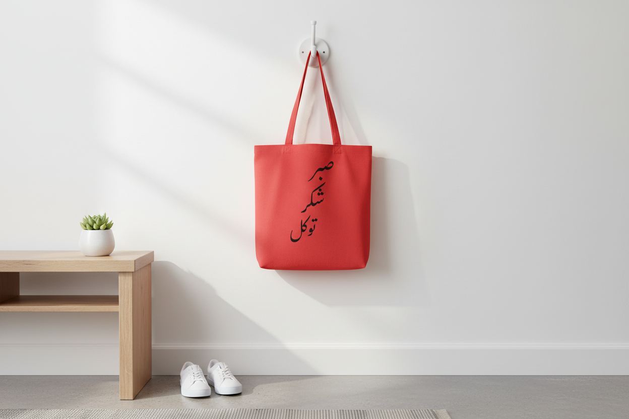 Arabic Sabr Gratitude Tawakkul tote bag - wall hook lifestyle