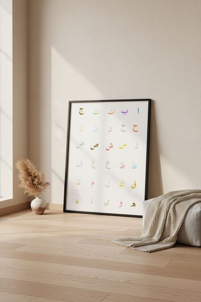 Arabic Alphabet Poster in black frame leaning against a wall on the floor