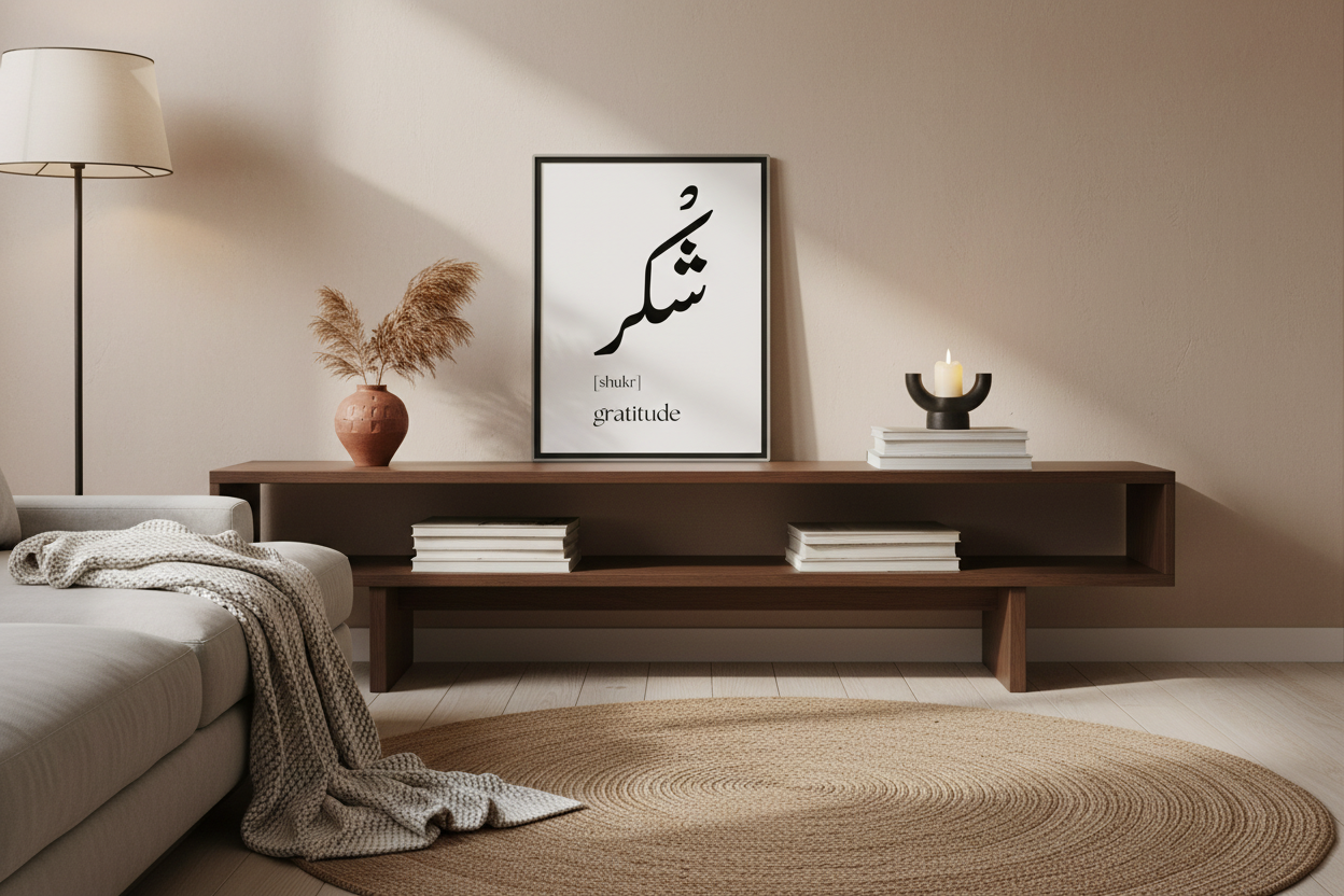 Arabic Shukr Gratitude Poster in black frame styled in a cozy modern living room