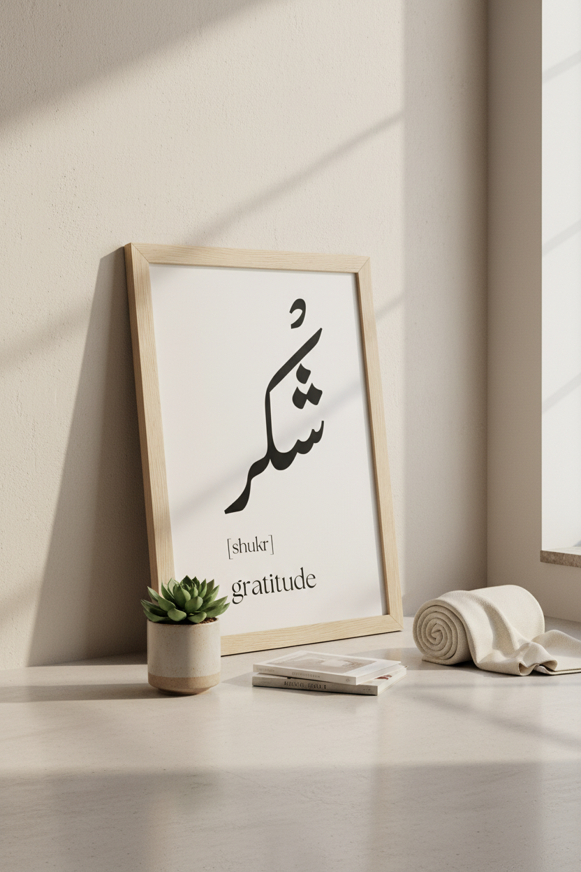 Arabic Shukr Gratitude Poster in black frame leaning against a wall on the floor