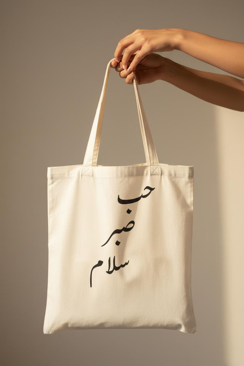 Arabic Hob Sabr Salam tote bag - hands carry lifestyle