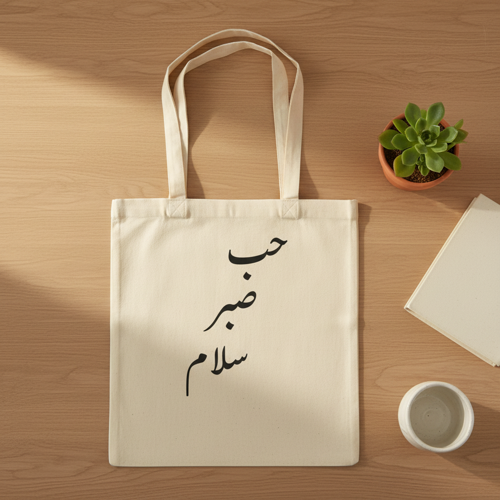 Arabic Hob Sabr Salam tote bag - flat lay lifestyle