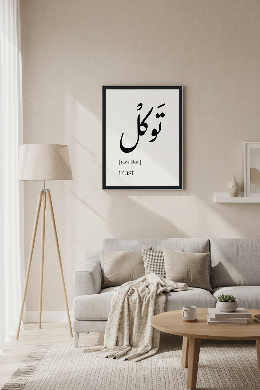 Arabic Tawakkul Trust Poster framed and hung on a modern living room wall