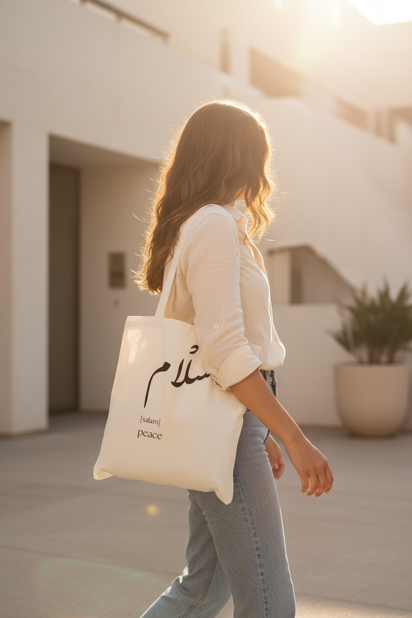 Arabic Salam tote bag - carried lifestyle